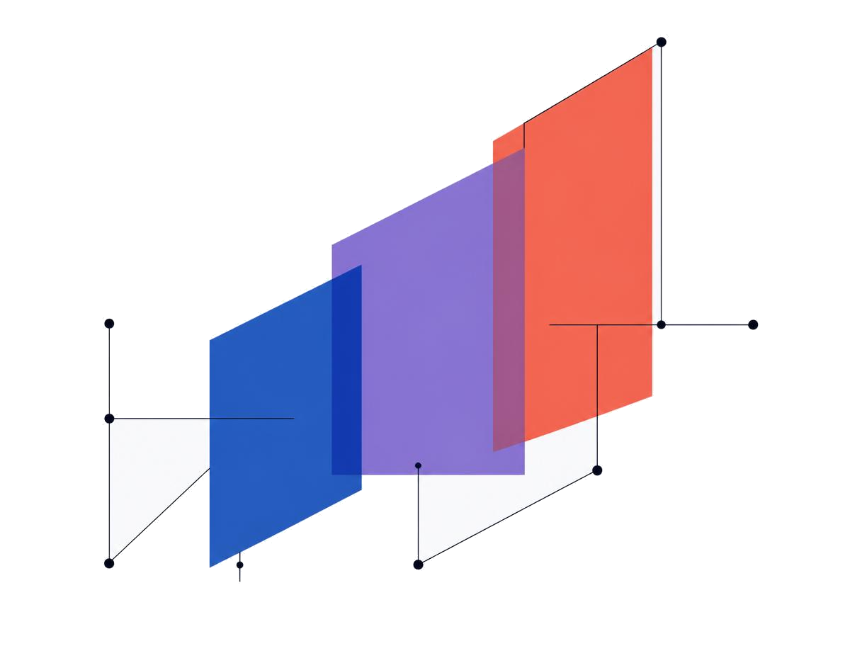 Three overlapping planes connected by thin lines and dots