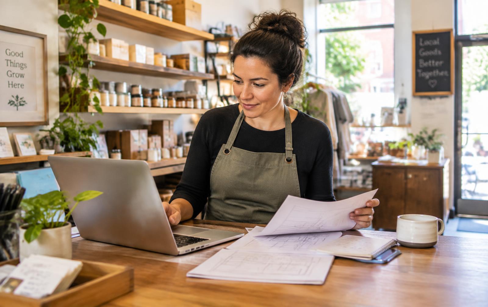 A shop owner reviewing plans on her laptop
