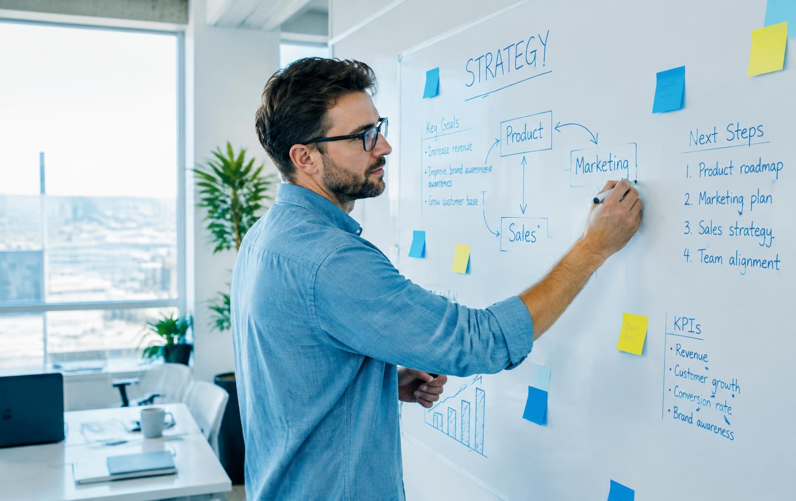 A business owner mapping strategy on a whiteboard